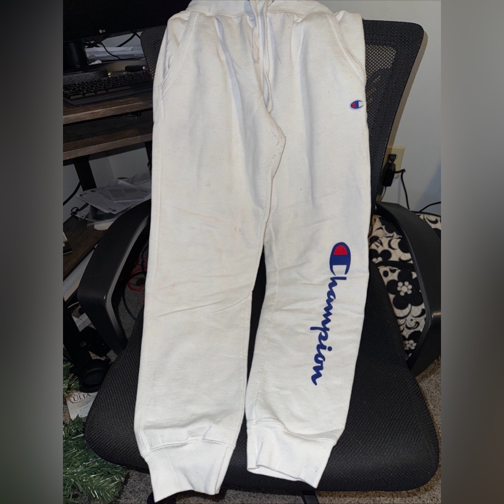 Champion White Sweatpants with Blue Logo